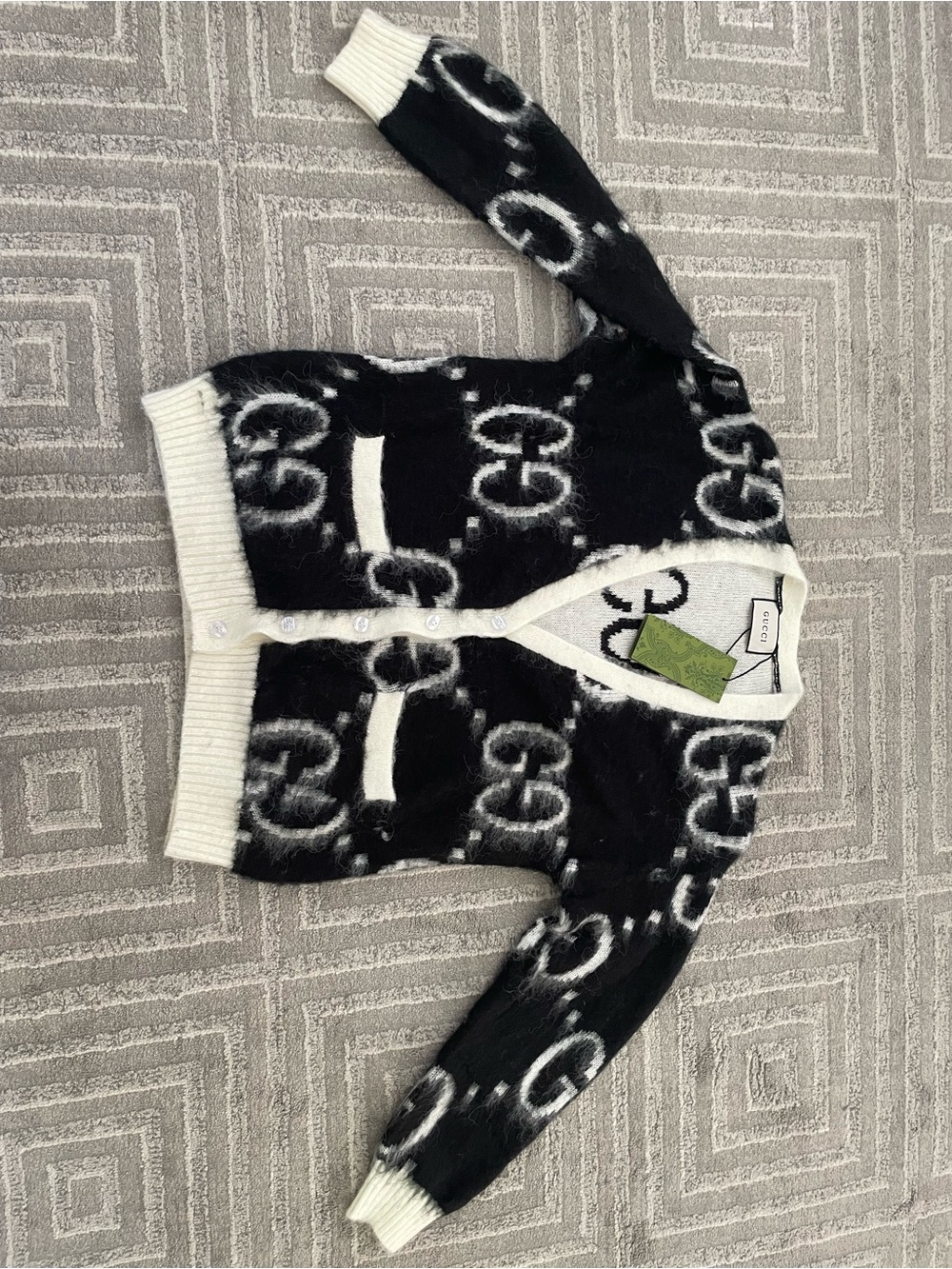 Gucci Black and White Logo-Pattern Wool Blend Cardigan